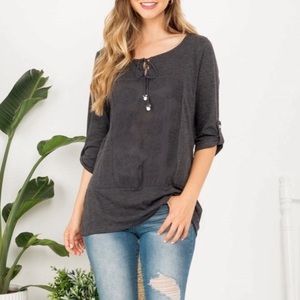 Boutique MittoShop Slub Knit Embroidered Front Pullover Blouse M (8/10) Charcoal